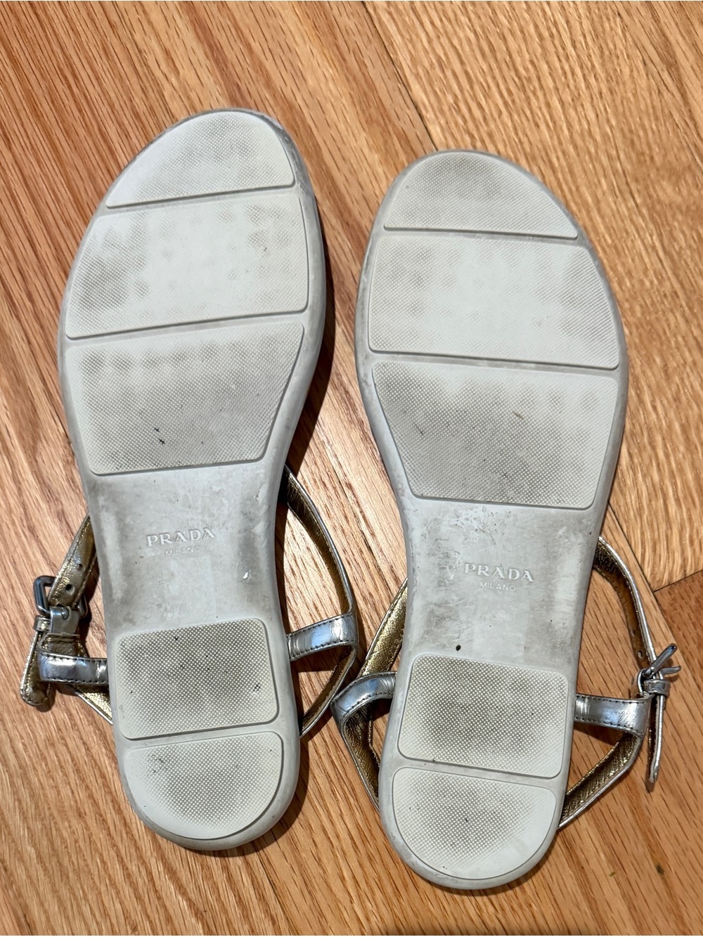 Prada Metallic Gold Women's T-Strap Sandals - Picture 2 of 3